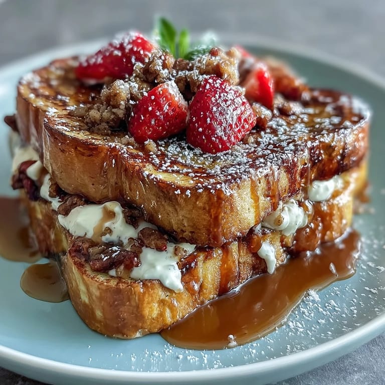 Warm Spring Brunch Strawberry French Toast Bake, a baked casserole with fresh strawberries, vanilla custard, and buttery crumble topping.