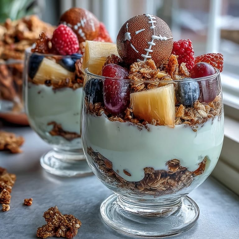 Vibrant soccer-themed snack cups filled with colorful fruit, crunchy granola, and yogurt, perfect for energizing young athletes after the game.