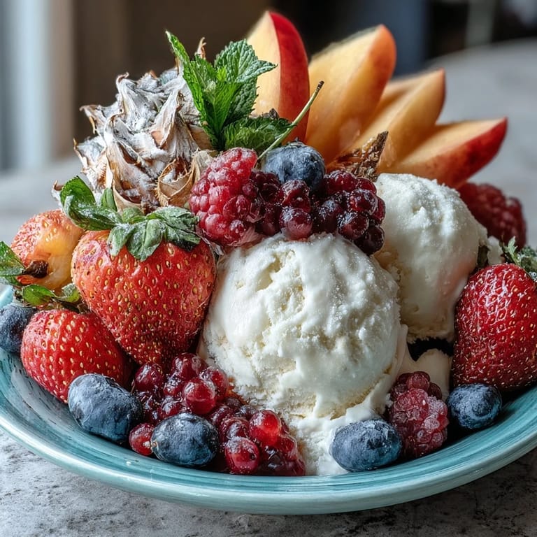 Vibrant rainbow fruit platter with creamy coconut whipped cream, featuring juicy pineapple, watermelon, and grapes, ideal for parties or brunch gatherings.