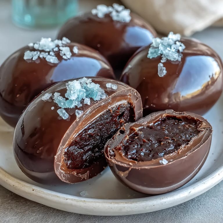 Creamy peanut butter-filled dark chocolate eggs, topped with flaky sea salt for a sweet and salty delight.