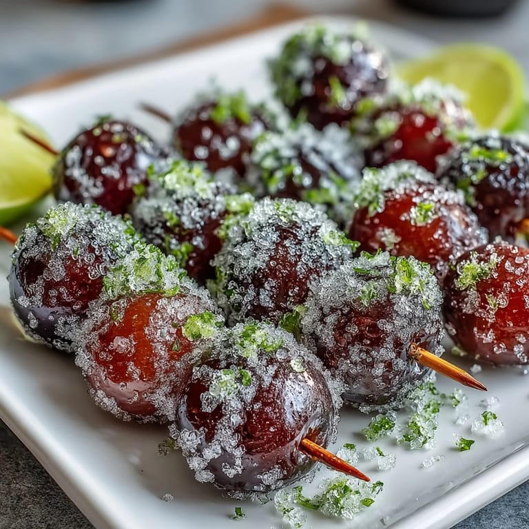 Close-up of frozen grape skewers dusted with lime sugar, offering a refreshing burst of citrus flavor in every bite.