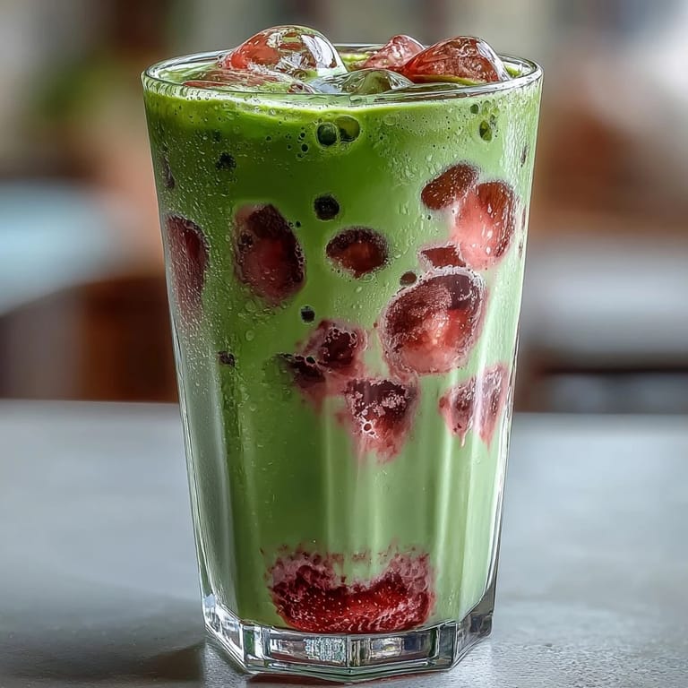 Refreshing layered strawberry matcha latte with bright green matcha and pink strawberry puree over ice.