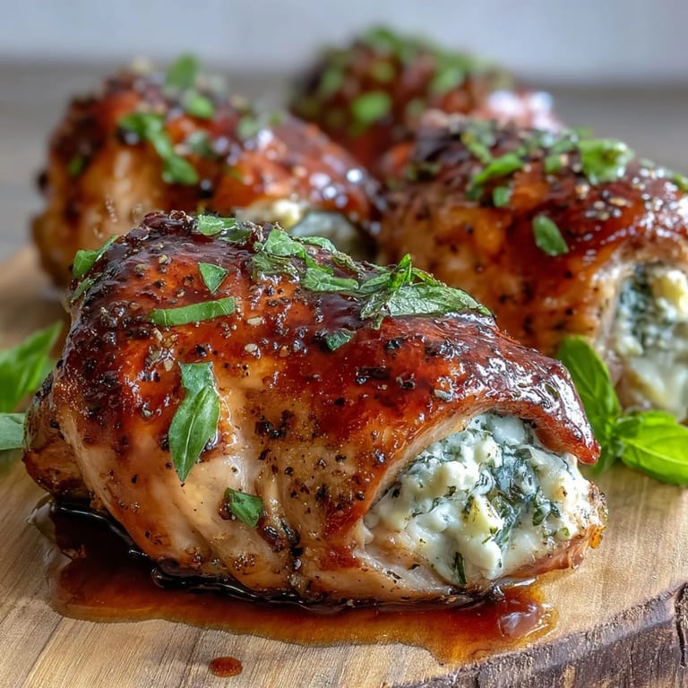 A close-up of Hot Honey Ricotta Stuffed Chicken being sliced to reveal the melty ricotta and herbs inside.