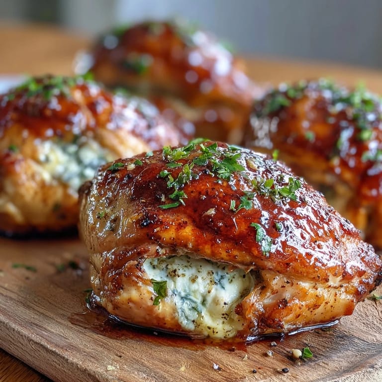 Plated Hot Honey Ricotta Stuffed Chicken drizzled with extra hot honey, paired with roasted asparagus.