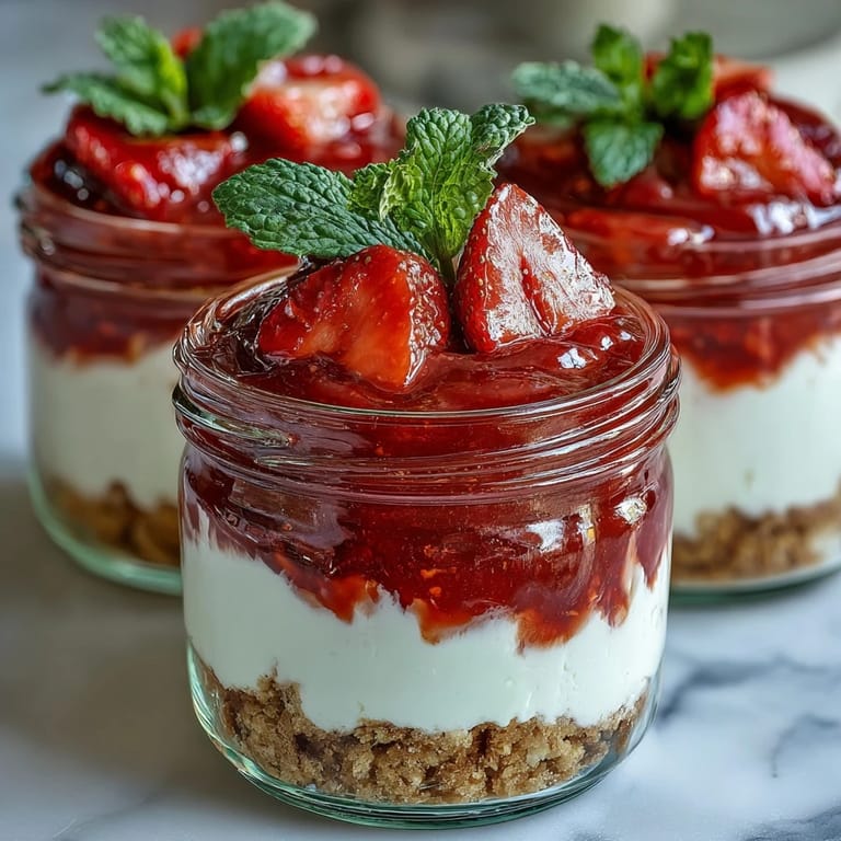 Individual No-Bake Strawberry Cheesecake Jars topped with juicy strawberries and a crisp graham cracker crust.