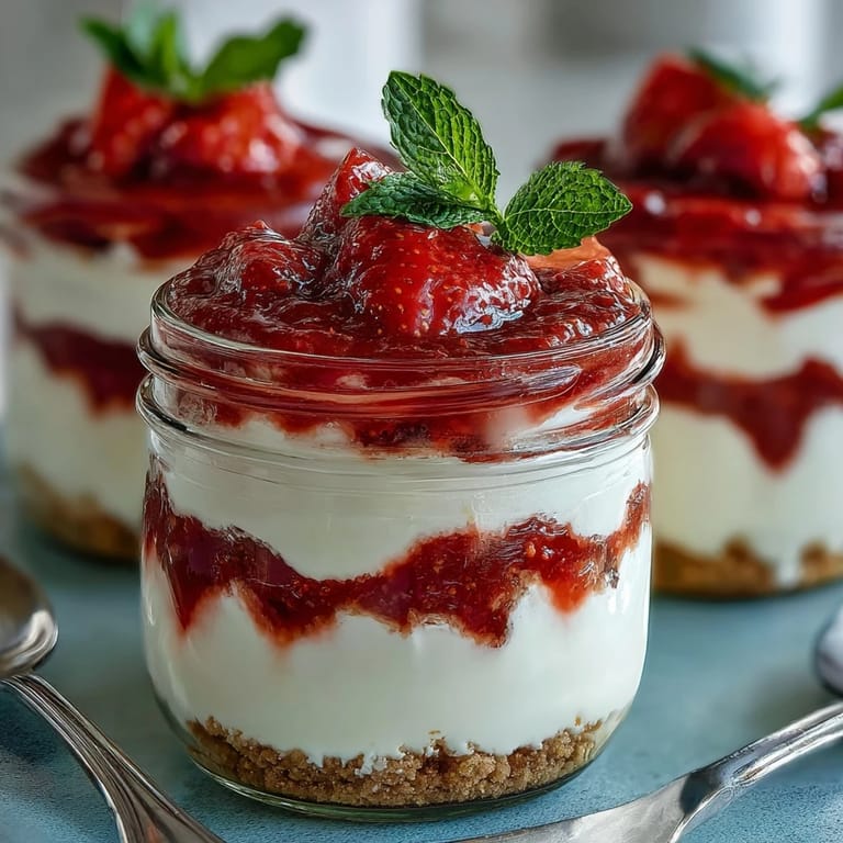 Layered No-Bake Strawberry Cheesecake Jars featuring velvety cream cheese filling and vibrant homemade strawberry topping.