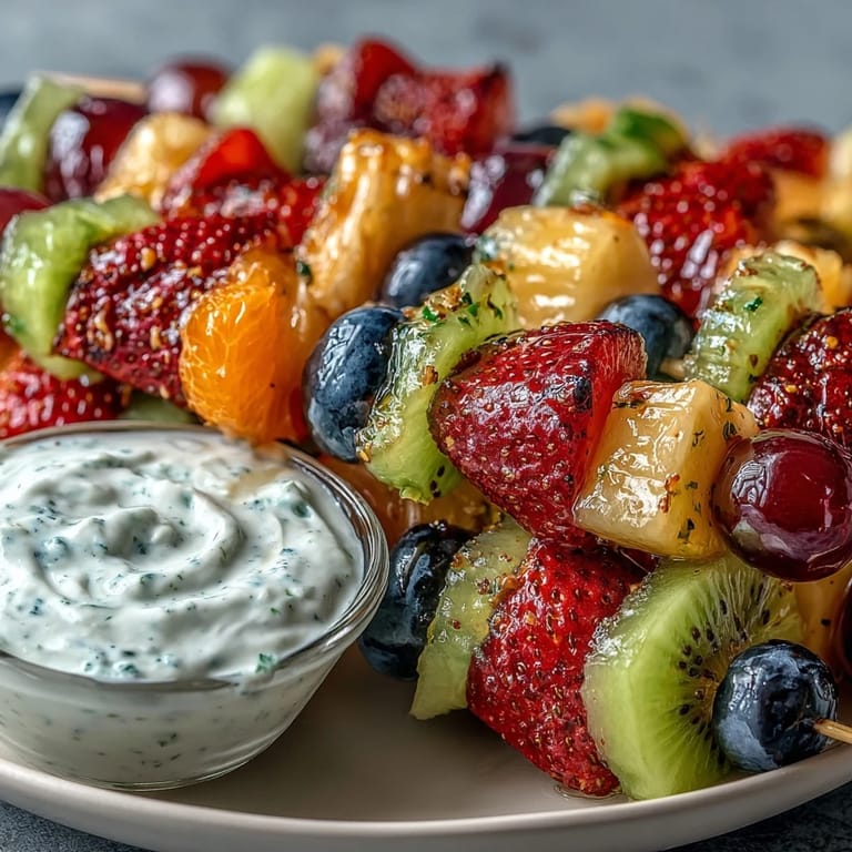 Colorful rainbow fruit skewers with honey-yogurt dip, a healthy and vibrant snack perfect for parties and summer gatherings.
