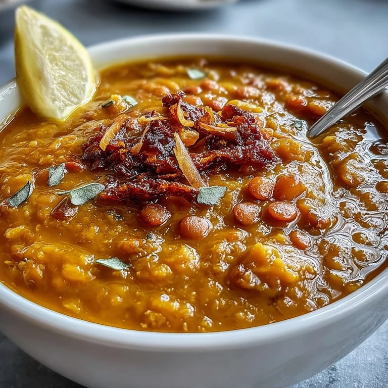 Hearty vegan lentil soup with aromatic spices, bright lemon flavor, and fresh cilantro in a deep ceramic bowl.