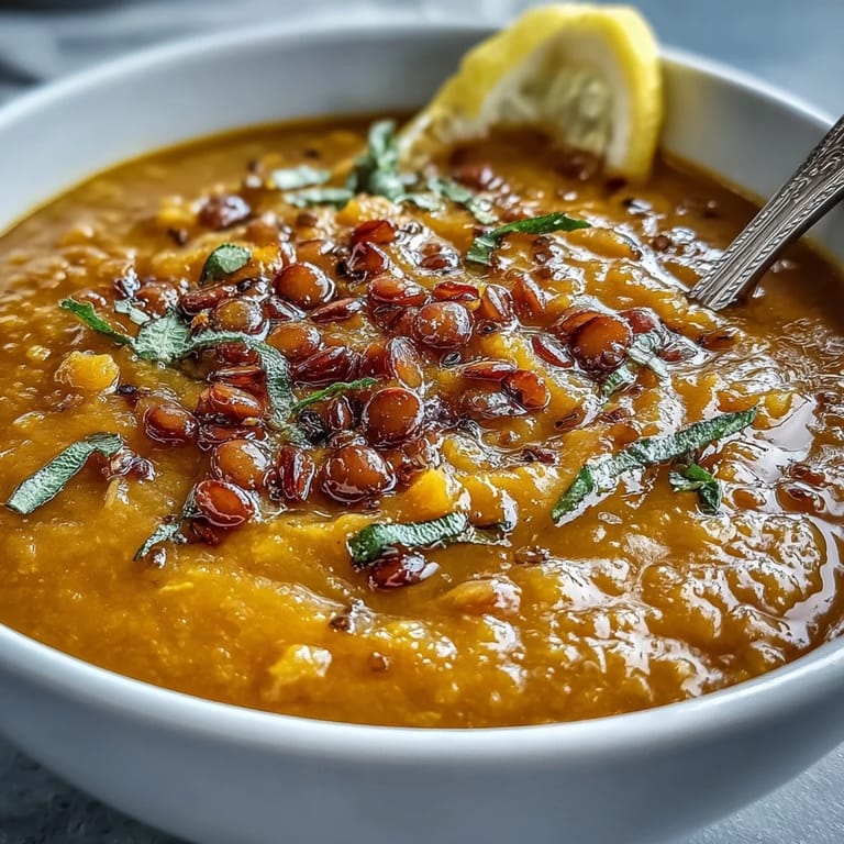 Creamy red lentil soup infused with turmeric and lemon, garnished with parsley and served alongside warm flatbread.  