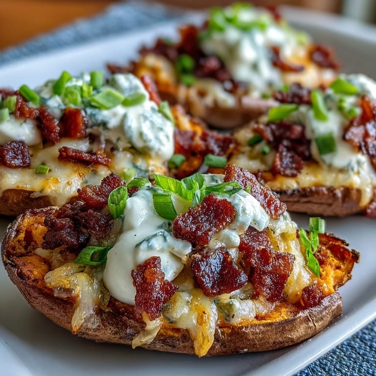 Golden-baked sweet potato skins filled with smoky bacon, sharp cheddar, and fresh green onions.
