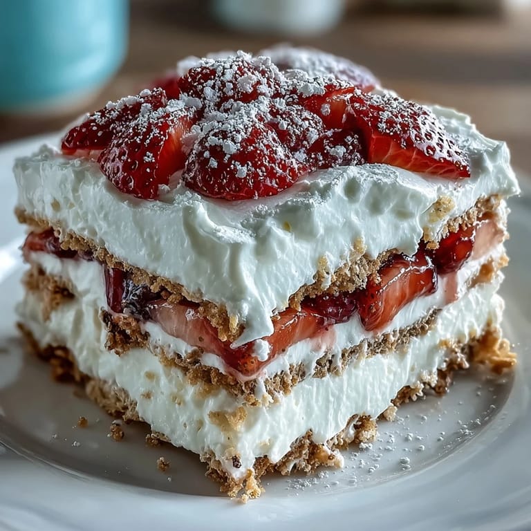 Refreshing strawberry icebox cake featuring creamy whipped topping and juicy berries, chilled for a make-ahead summer dessert.