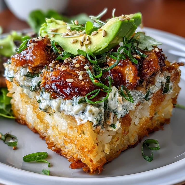 Golden-fried rice bites with a spicy tuna topping, garnished with sesame seeds and green onion for bold flavor.