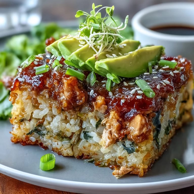 Crunchy sushi rice layered with creamy, spicy tuna and fresh avocado, served as a Japanese-inspired appetizer.