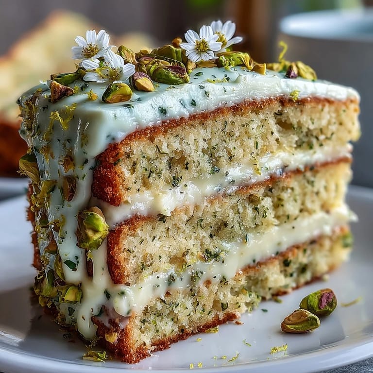 This elegant lemon pistachio birthday cake features moist lemon layers, fluffy pistachio frosting, and edible flowers, perfect for a joyful spring celebration.