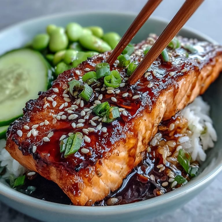Japanese-inspired teriyaki salmon bowl featuring savory glazed fish, jasmine rice, and bright green edamame.