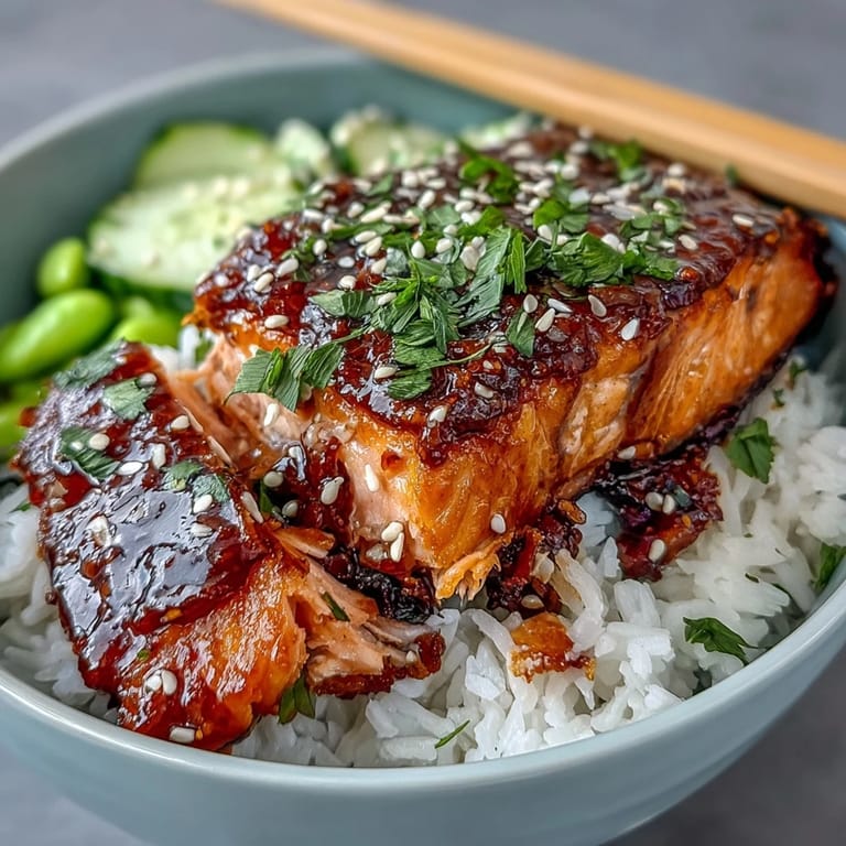 A vibrant salmon teriyaki bowl with tender fish, steamed rice, and colorful vegetables for a balanced meal.  