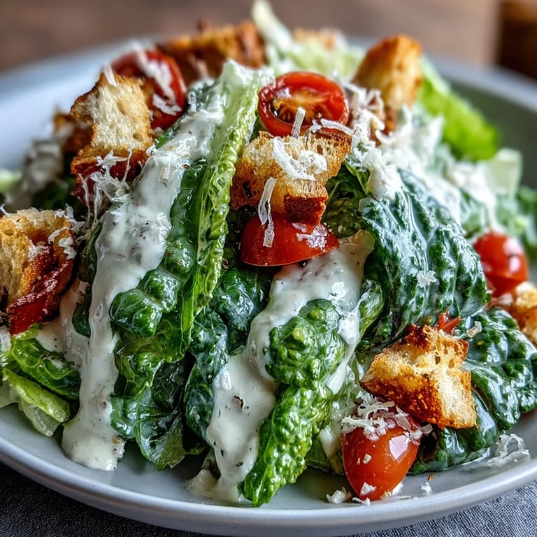 A hearty tahini Caesar salad with golden croutons, Parmesan cheese, and a zesty, nutty tahini-lemon dressing.