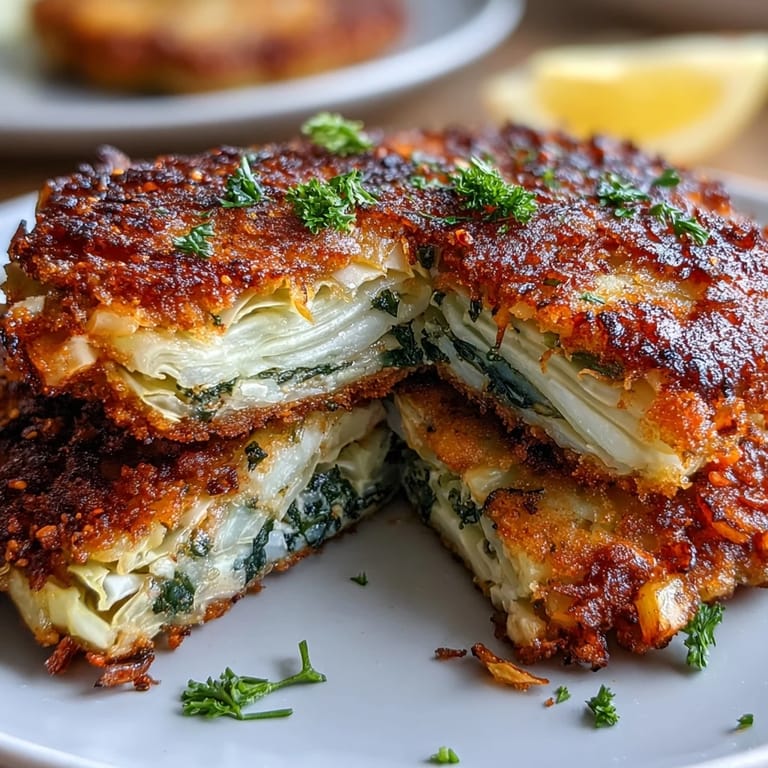 Crunchy cabbage schnitzel slices on a white plate, perfect for a hearty vegetarian meal.