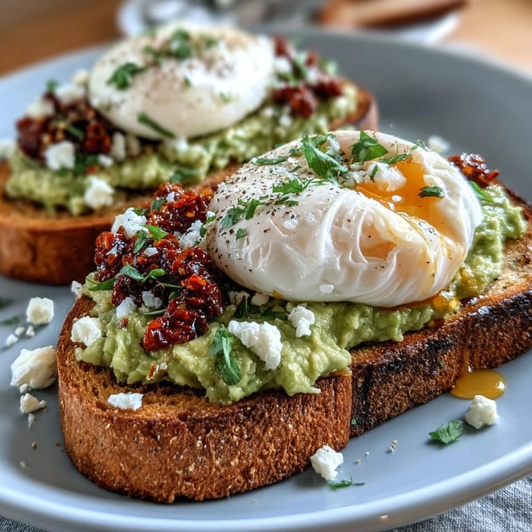 Golden poached eggs rest atop rich avocado spread on rustic bread, elevated by a generous pour of crunchy, aromatic chili crisp.