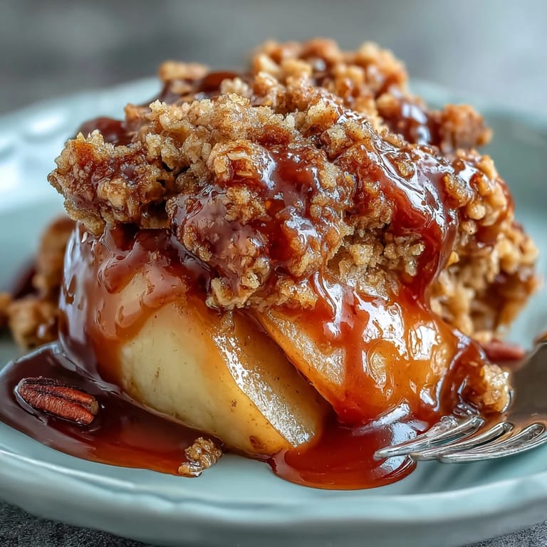 Warm, indulgent Father's Day Whiskey Caramel Apple Crisp served in a baking dish.