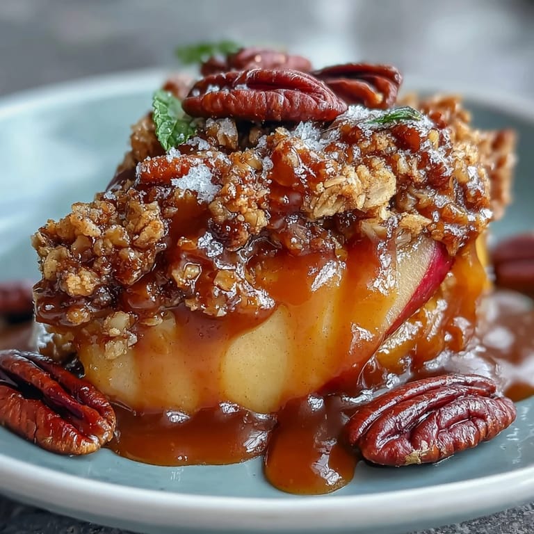 Delicious Father's Day Whiskey Caramel Apple Crisp, topped with toasted oats and pecans.