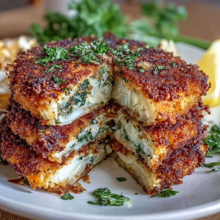 Pan-fried cabbage schnitzel served with lemon wedges and vibrant green parsley.  