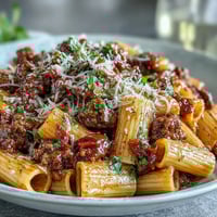 Steam rises from a skillet of One-Pot Creamy Red Wine Sausage Pasta, featuring penne pasta coated in a rich red sauce with browned sausage slices.