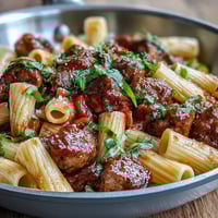 One-Pot Creamy Red Wine Sausage Pasta served in a rustic bowl with fresh basil garnish.