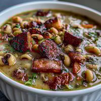 Hearty bowl of ham and black-eyed pea soup with tender vegetables and smoky ham chunks, perfect for a comforting Southern meal.