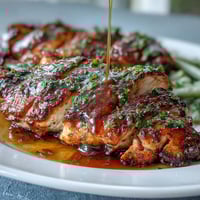 Honey Mustard Chicken with Green Beans served in a skillet with golden chicken glazed in tangy sauce and crisp green beans.