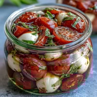 Mason Jar Caprese Salad with vibrant tomatoes, creamy mozzarella, and fresh basil, drizzled with balsamic dressing.  
