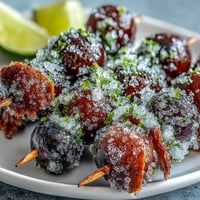 Frozen Grape Skewers with Lime Sugar on a white platter, glistening with zesty lime sugar coating, perfect for summer parties.