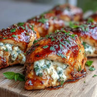 Golden-brown Hot Honey Ricotta Stuffed Chicken breasts resting on a white plate, showcasing the creamy filling.