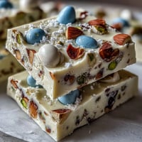 White Chocolate Easter Bark with pastel candy eggs and crunchy pistachios, perfect for festive spring celebrations.