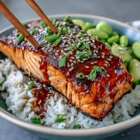 Glazed teriyaki salmon served over fluffy rice with fresh edamame and crisp cucumber slices.  
