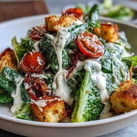 Creamy tahini Caesar salad with crisp romaine, crunchy croutons, and tangy lemon dressing in a vibrant bowl.
