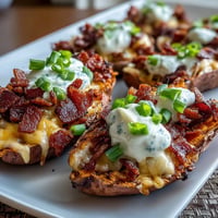 Crispy loaded sweet potato skins topped with melted cheddar, crispy bacon, and a dollop of sour cream.