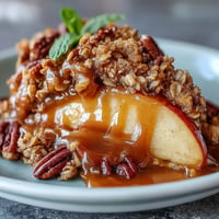 Rich Father's Day Whiskey Caramel Apple Crisp with golden crumble and bubbly filling.